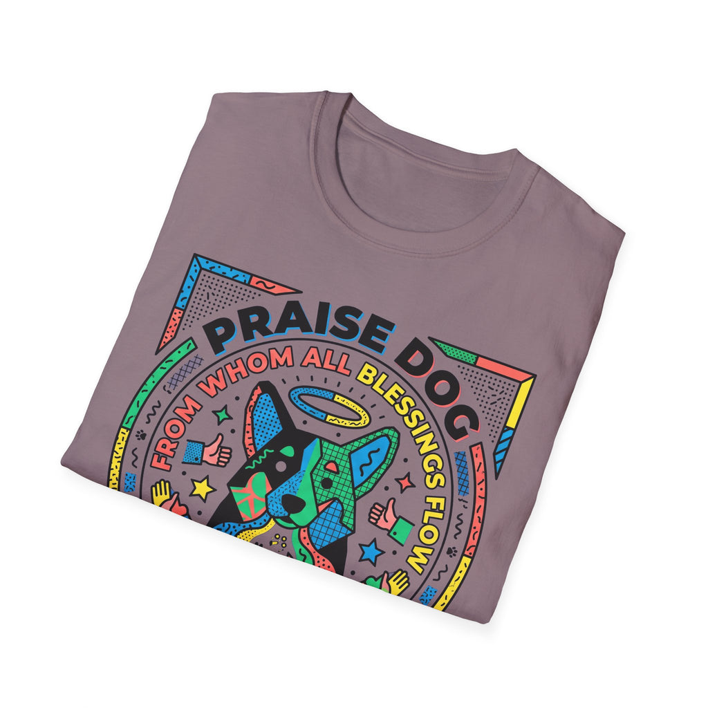 Praise Dog From Whom All Blessings Flow Geometric T-Shirt folded view in dusty mauve, showing the colorful pop-art geometric dog graphic with Praise Dog lettering.