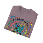 Praise Dog From Whom All Blessings Flow Geometric T-Shirt folded view in dusty mauve, showing the colorful pop-art geometric dog graphic with Praise Dog lettering.