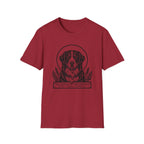 Holy Orders | Bernese Mountain Dog T-Shirt detail view featuring a stained glass style illustration of a Bernese Mountain Dog depicted as a holy figure with a golden halo and the text 'Holy Orders.'