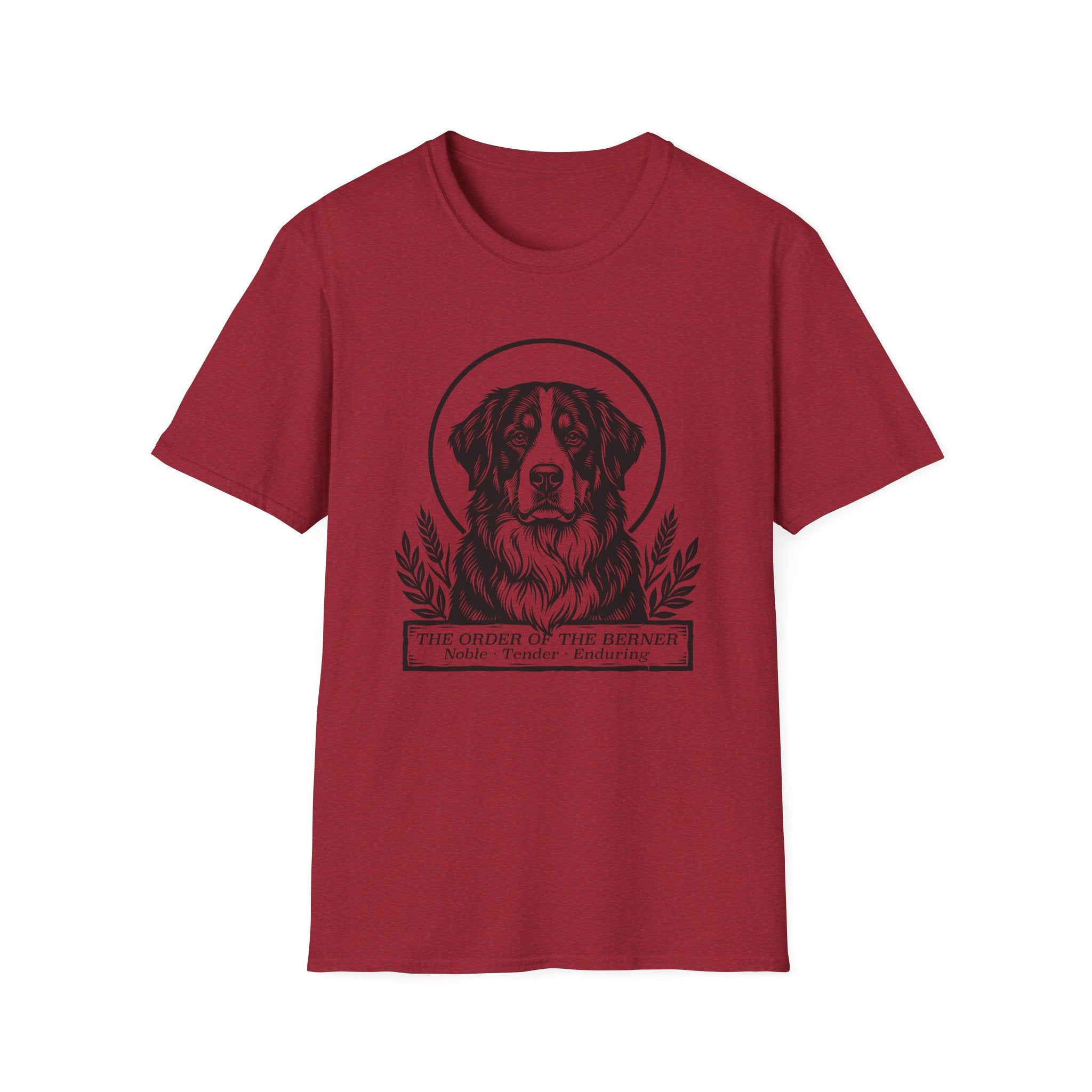 Holy Orders | Bernese Mountain Dog T-Shirt detail view featuring a stained glass style illustration of a Bernese Mountain Dog depicted as a holy figure with a golden halo and the text 'Holy Orders.'