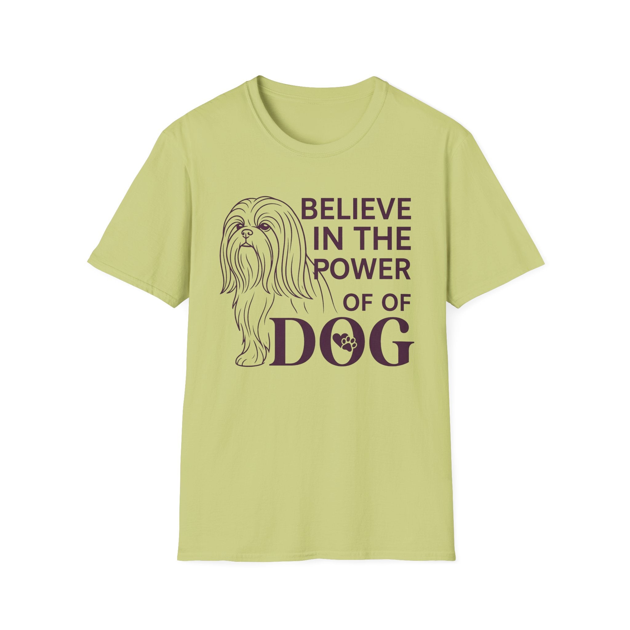 Believe in the Power of Dog Shih Tzu Line Art T-Shirt in sage green, flat lay, featuring a minimalist dark line art illustration of a Shih Tzu alongside bold text reading Believe in the Power of Dog with a paw print accent.