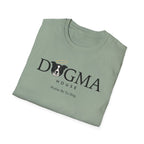 Dogma House Logo Light T-Shirt folded view in sage green, showing the Dogma House brand name with border collie face logo and "Praise Be To Dog." tagline.