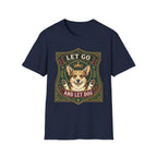 Let Go Let Dog Corgi T-Shirt in navy blue, flat lay, featuring an ornate heraldic shield badge with a crowned corgi raising both paws and the text 'Let Go / And Let Dog'.