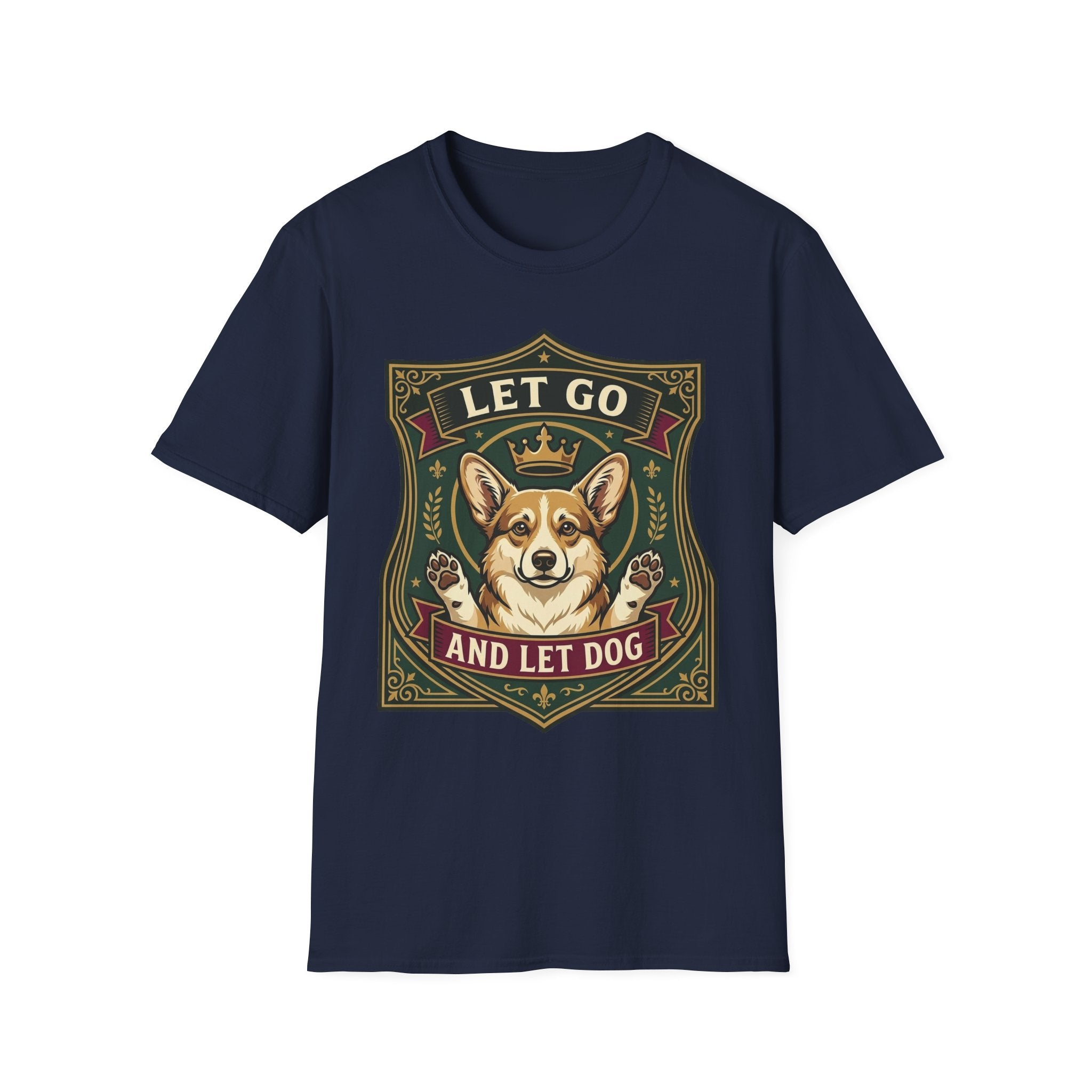 Let Go Let Dog Corgi T-Shirt in navy blue, flat lay, featuring an ornate heraldic shield badge with a crowned corgi raising both paws and the text 'Let Go / And Let Dog'.