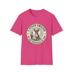 I Stand Amazed Chihuahua T-Shirt in hot pink, flat lay front view featuring a vintage-style circular graphic of a Chihuahua with a halo seated above a small human figure bowing in reverence, with the text 'I Stand Amazed in the Presence of Dog.'