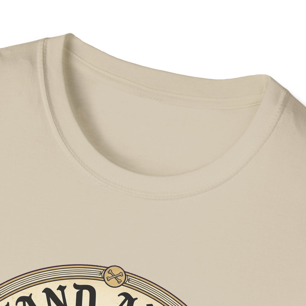 I Stand Amazed Golden Retriever T-Shirt close-up of the neckline on a sand shirt, showing the top arc of the circular golden retriever graphic.