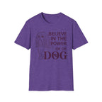 Believe in the Power of Dog Shih Tzu Line Art T-Shirt in heather purple, flat lay, featuring a minimalist dark line art illustration of a Shih Tzu alongside bold text reading Believe in the Power of Dog with a paw print accent.