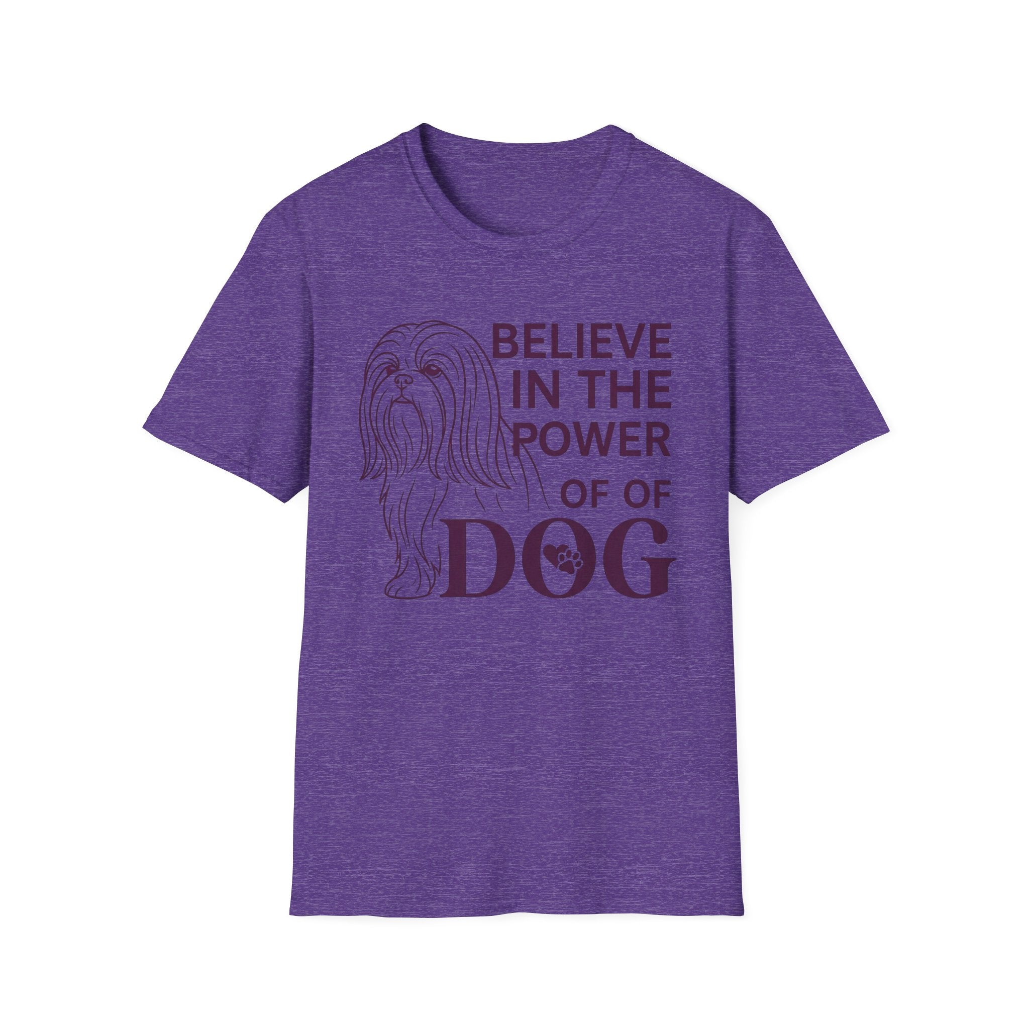 Believe in the Power of Dog Shih Tzu Line Art T-Shirt in heather purple, flat lay, featuring a minimalist dark line art illustration of a Shih Tzu alongside bold text reading Believe in the Power of Dog with a paw print accent.