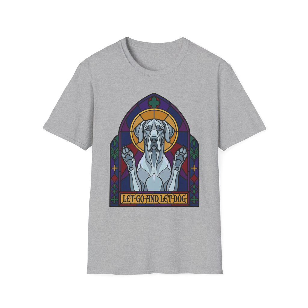 Let Go Let Dog Great Dane T-Shirt, flat lay on sport grey tee featuring a stained-glass style Great Dane depicted as a spiritual figure with paws raised in a Gothic arch and the text Let Go and Let Dog.