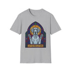 Let Go Let Dog Great Dane T-Shirt, flat lay on sport grey tee featuring a stained-glass style Great Dane depicted as a spiritual figure with paws raised in a Gothic arch and the text Let Go and Let Dog.