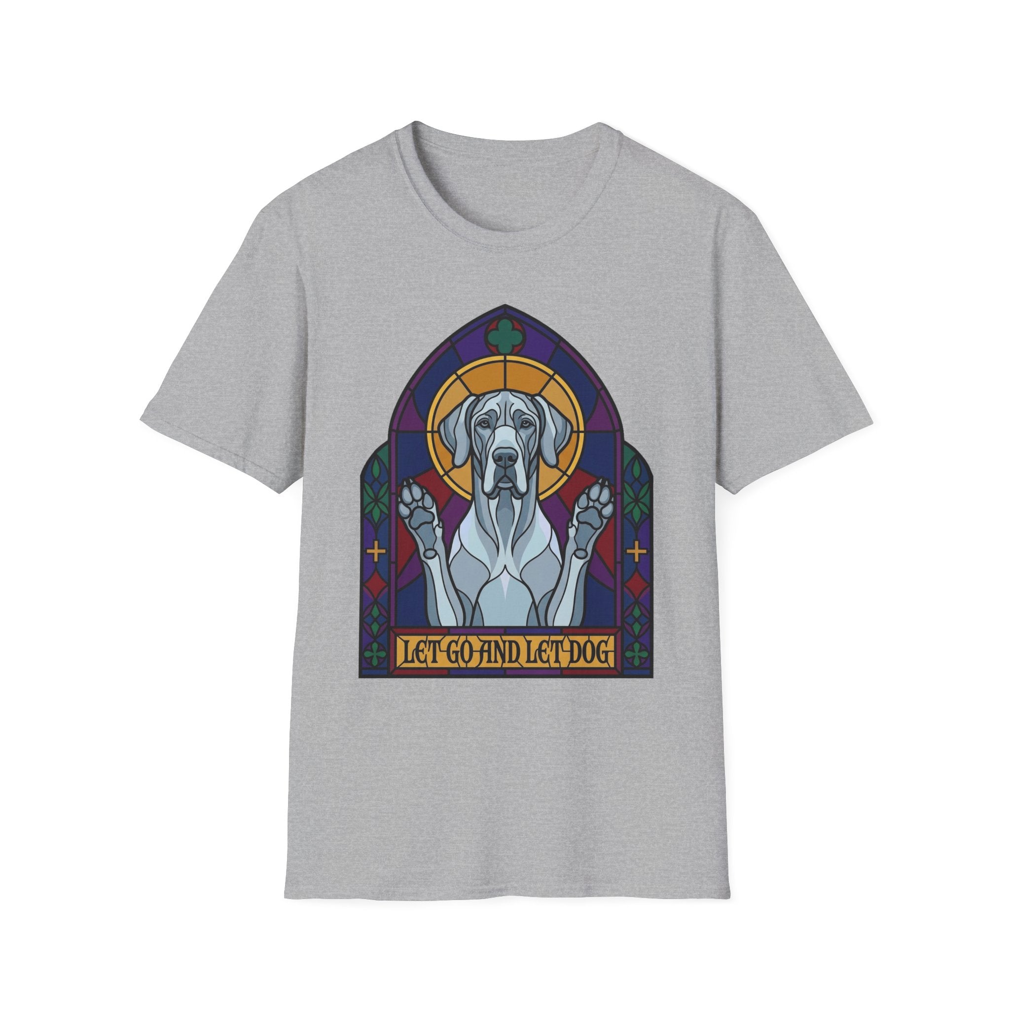 Let Go Let Dog Great Dane T-Shirt, flat lay on sport grey tee featuring a stained-glass style Great Dane depicted as a spiritual figure with paws raised in a Gothic arch and the text Let Go and Let Dog.