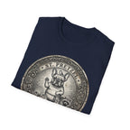 Saint Pretzel Forgive Us T-Shirt folded flat lay on navy blue shirt showing the St. Pretzel French Bulldog medallion design.