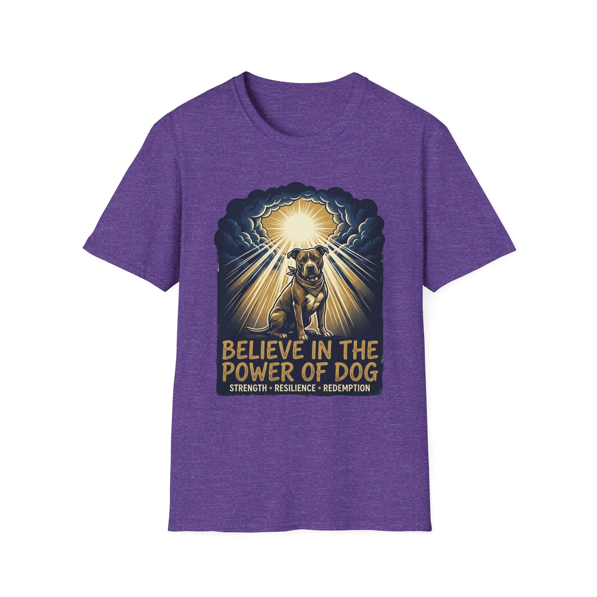 Believe in the Power Pitbull Clouds T-Shirt in heather purple, flat lay, featuring a dramatic illustrated graphic of a brindle Pitbull standing before a burst of heavenly light breaking through storm clouds, with text reading Believe in the Power of Dog and Strength, Resilience, Redemption.