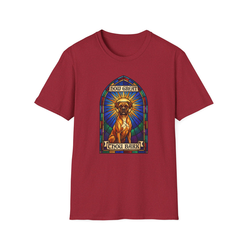 How Great Thou Bark Boxer T-Shirt flat lay on cardinal red shirt featuring a stained glass arched window graphic of a saintly Boxer dog seated with a golden halo, with 'How Great Thou Bark' scrolls above and below.