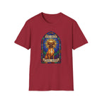 How Great Thou Bark Boxer T-Shirt flat lay on cardinal red shirt featuring a stained glass arched window graphic of a saintly Boxer dog seated with a golden halo, with 'How Great Thou Bark' scrolls above and below.