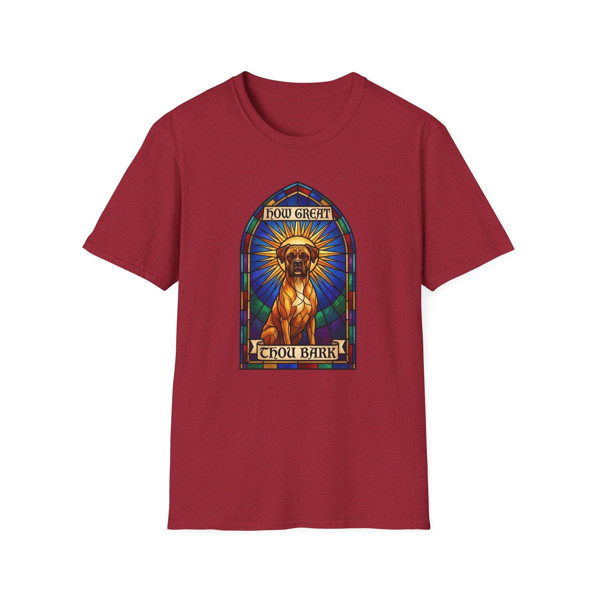How Great Thou Bark Boxer T-Shirt flat lay on cardinal red shirt featuring a stained glass arched window graphic of a saintly Boxer dog seated with a golden halo, with 'How Great Thou Bark' scrolls above and below.