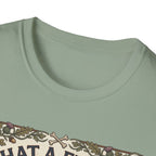 What a Friend We Have in Dog T-Shirt close-up detail shot on a sage green shirt, showing the vintage botanical border with crossbones and floral motifs at the neckline.