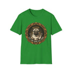 Let Go Let Dog Pug T-Shirt flat lay on green, featuring an ornate gold-framed medallion with a halo-wearing pug raising its paws and the text 'Let Go and Let Dog'.