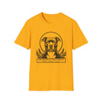 Holy Orders | Pitbull T-Shirt flat lay on sage green shirt featuring a stained glass style illustration of a Pitbull depicted as a holy figure with a golden halo and the text 'Holy Orders.'