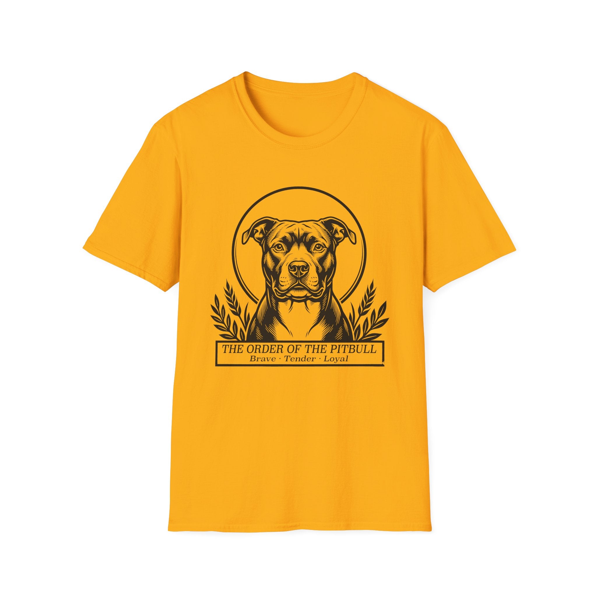 Holy Orders | Pitbull T-Shirt flat lay on sage green shirt featuring a stained glass style illustration of a Pitbull depicted as a holy figure with a golden halo and the text 'Holy Orders.'