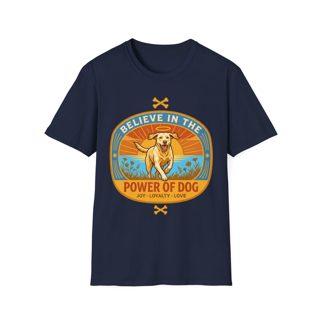 Believe in the Power of Dog Yellow Lab T-Shirt in navy, flat lay view showing a retro-style oval badge with a halo-wearing yellow Labrador running joyfully through a sunlit field, with the words 'Joy Loyalty Love' and crossed bones.