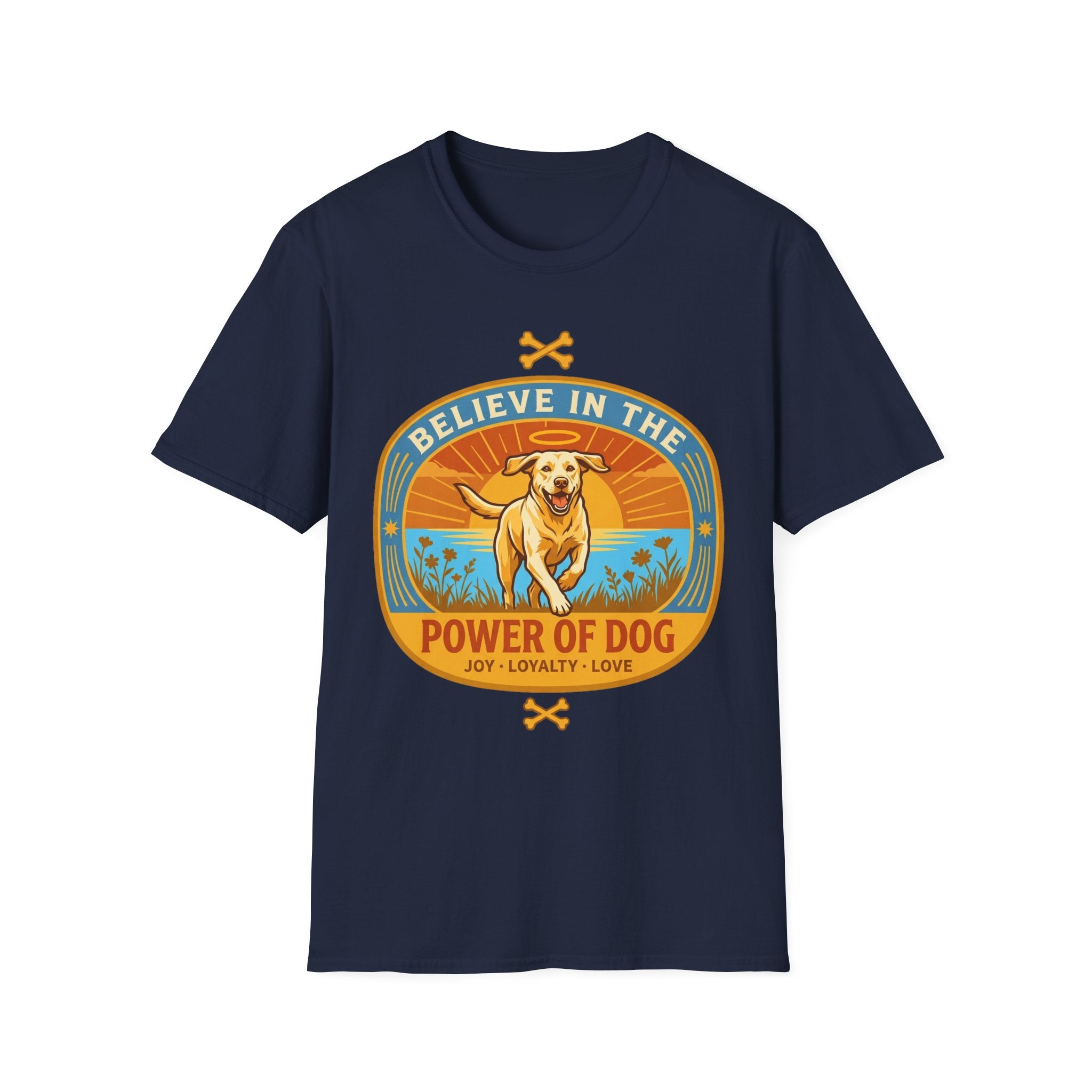 Believe in the Power of Dog Yellow Lab T-Shirt in navy, flat lay view showing a retro-style oval badge with a halo-wearing yellow Labrador running joyfully through a sunlit field, with the words 'Joy Loyalty Love' and crossed bones.