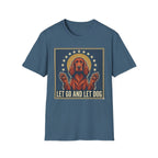 Let Go Let Dog Pug T-Shirt, flat lay on steel blue tee featuring a vintage-style graphic of a red setter dog with paws raised encircled by stars and the text Let Go and Let Dog.