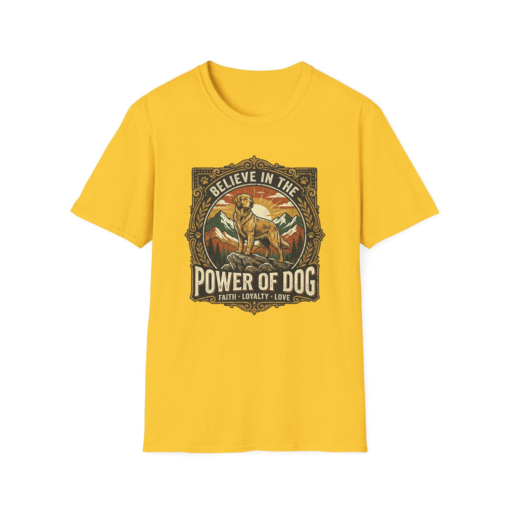 Believe in the Power of Dog T-shirt flat lay in gold yellow, featuring a vintage ornate badge graphic of a Labrador standing on a rocky mountain outcrop at sunset, with the text 'Believe in the Power of Dog' and 'Faith, Loyalty, Love'.