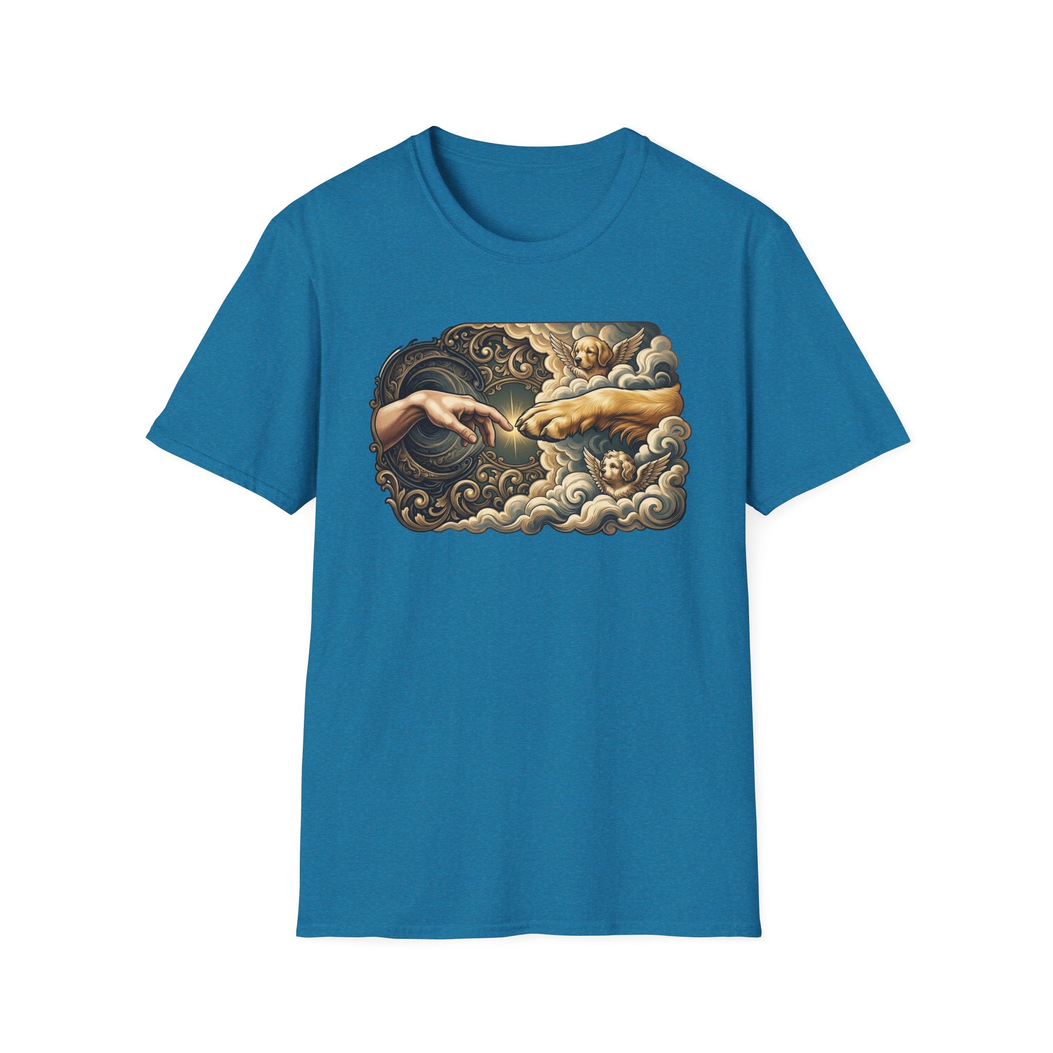 Creation of Adam T-Shirt flat lay in sapphire blue, featuring a dog-themed parody of the Michelangelo fresco with a human hand reaching toward a dog's paw, an angel golden retriever and cherub amid baroque golden clouds.