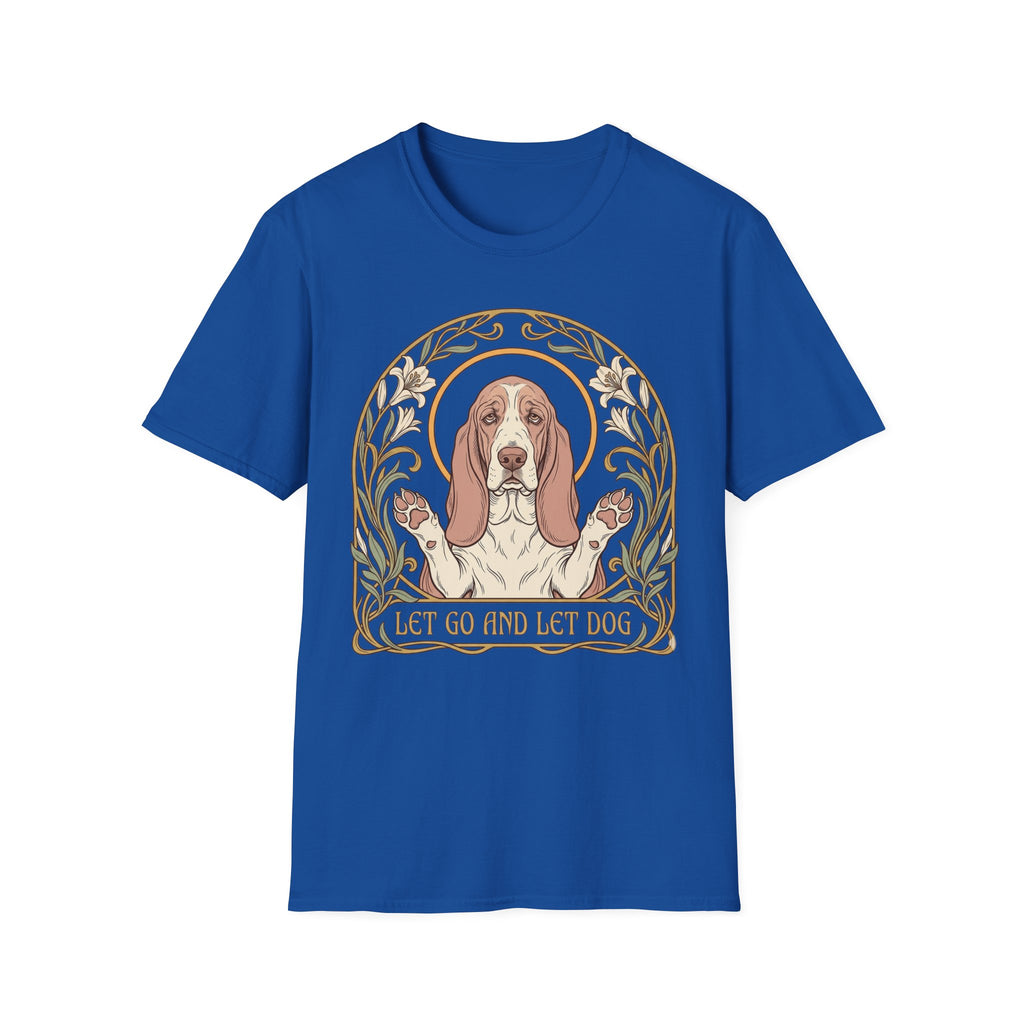 Let Go Let Dog Basset Hound T-Shirt in royal blue, flat lay, featuring an Art Nouveau-style oval frame with floral motifs and a serene basset hound raising both paws with the text 'Let Go and Let Dog'.