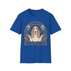 Let Go Let Dog Basset Hound T-Shirt in royal blue, flat lay, featuring an Art Nouveau-style oval frame with floral motifs and a serene basset hound raising both paws with the text 'Let Go and Let Dog'.