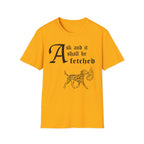 Dalmatian Ask and It Shall Be Fetched T-Shirt flat lay on black shirt featuring a Shel Silverstein-style pen-and-ink illustration of a Dalmatian proudly trotting with a burning bush and the text 'Ask and it shall be fetched.'