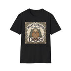 What a Friend We Have in Dog T-Shirt flat lay, black shirt featuring a vintage botanical-framed graphic of a golden retriever with a halo seated before a cathedral archway with the text 'What a Friend We Have in Dog.'