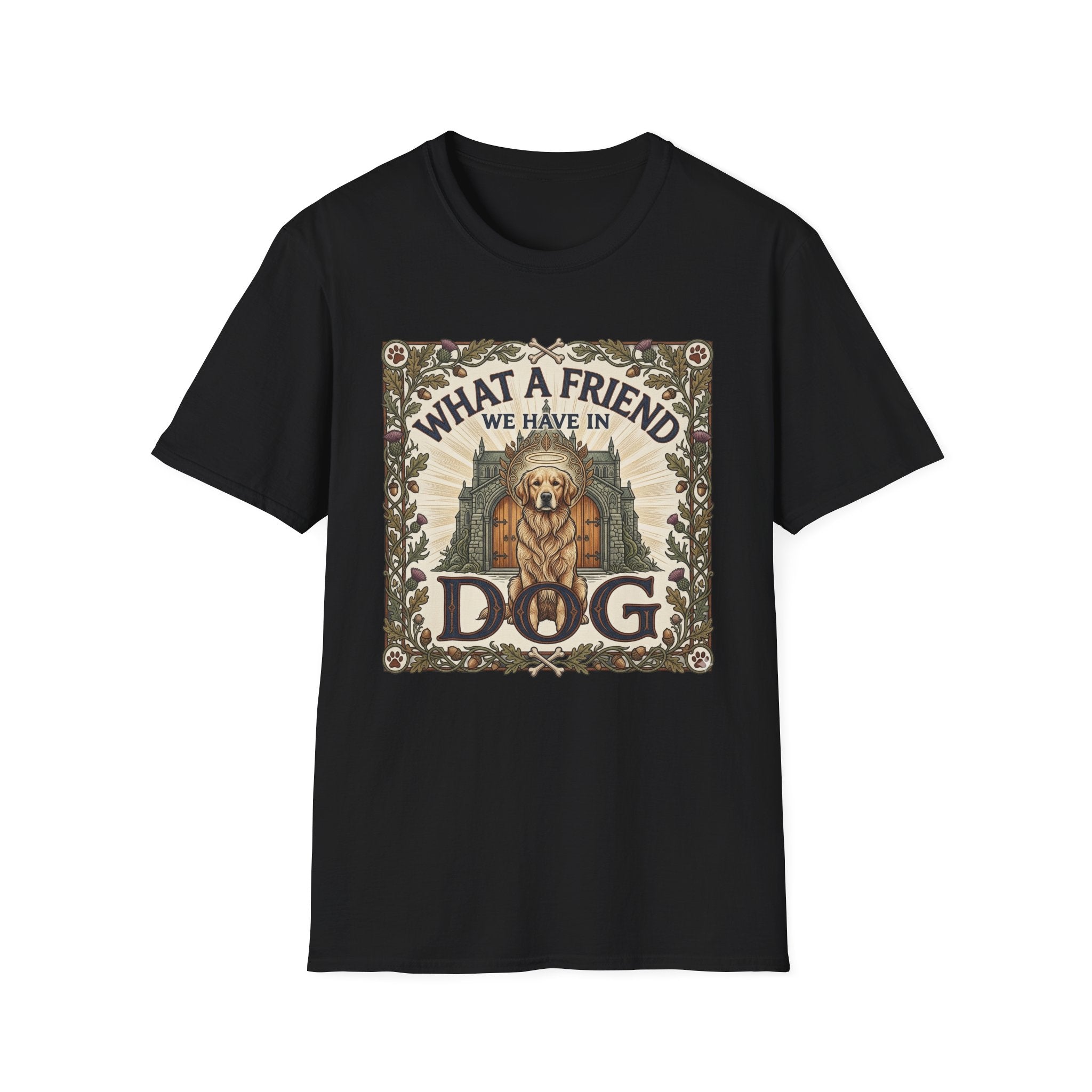 What a Friend We Have in Dog T-Shirt flat lay, black shirt featuring a vintage botanical-framed graphic of a golden retriever with a halo seated before a cathedral archway with the text 'What a Friend We Have in Dog.'