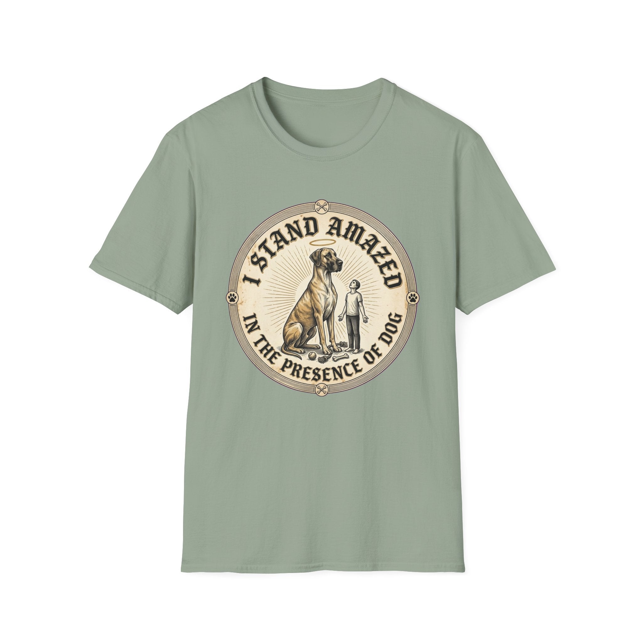 I Stand Amazed Great Dane T-Shirt flat lay in sage green, featuring a circular vintage-style graphic of a towering Great Dane with a halo and a small human figure, with text "I Stand Amazed in the Presence of Dog."