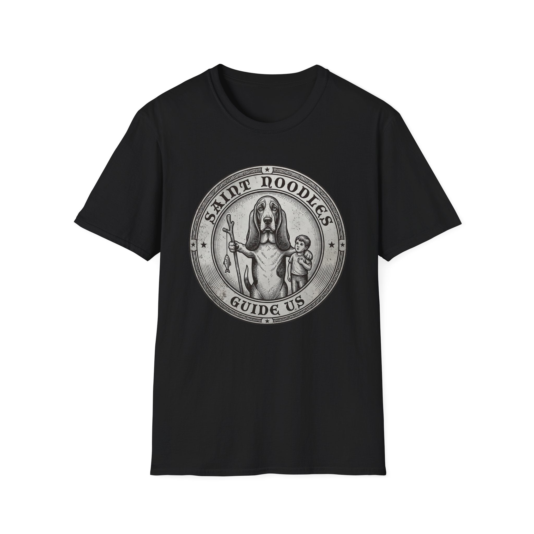 Saint Noodles Guide Us T-Shirt flat lay in black, featuring a vintage medallion graphic of a basset hound standing upright holding a staff with a fish, alongside a small child, with the text 'Saint Noodles Guide Us'.