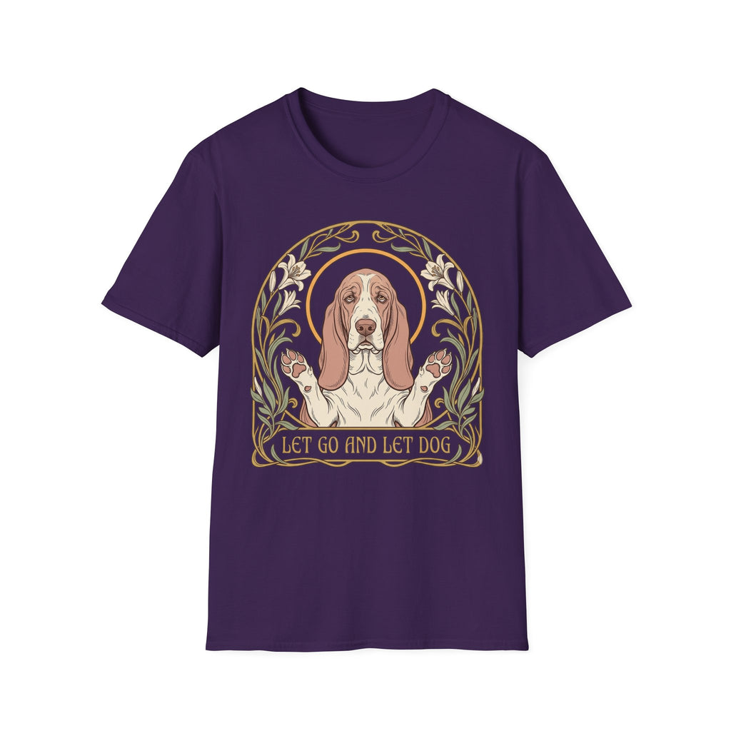 Let Go Let Dog Basset Hound T-Shirt in purple, flat lay, featuring an Art Nouveau-style oval frame with floral motifs and a serene basset hound raising both paws with the text 'Let Go and Let Dog'.