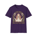 Let Go Let Dog Basset Hound T-Shirt in purple, flat lay, featuring an Art Nouveau-style oval frame with floral motifs and a serene basset hound raising both paws with the text 'Let Go and Let Dog'.