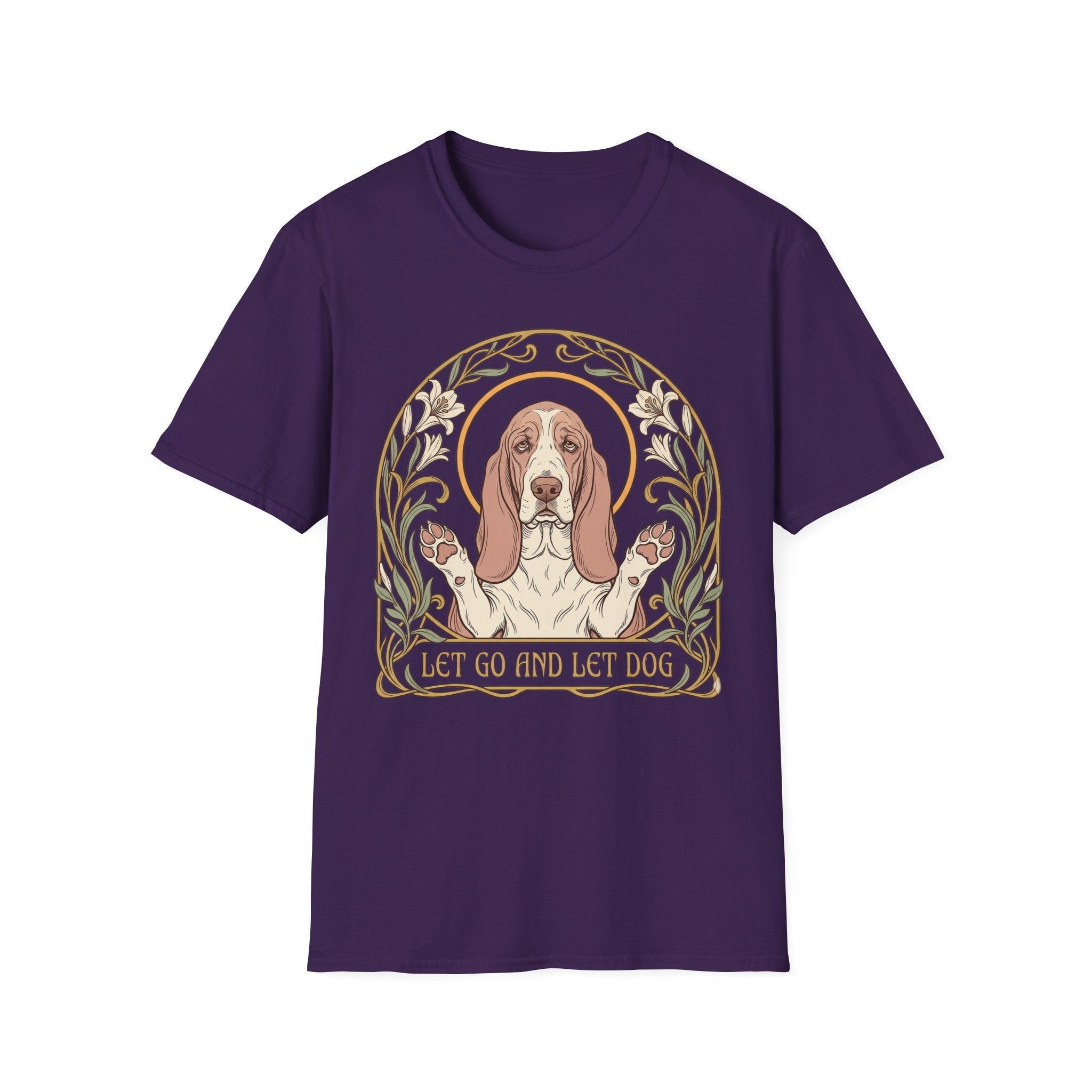 Let Go Let Dog Basset Hound T-Shirt in purple, flat lay, featuring an Art Nouveau-style oval frame with floral motifs and a serene basset hound raising both paws with the text 'Let Go and Let Dog'.