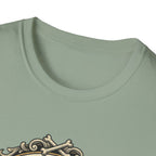 What Would Dog Do T-Shirt close-up detail shot on sage green shirt showing the neckline and the ornate vintage frame with crossed dog bones graphic.