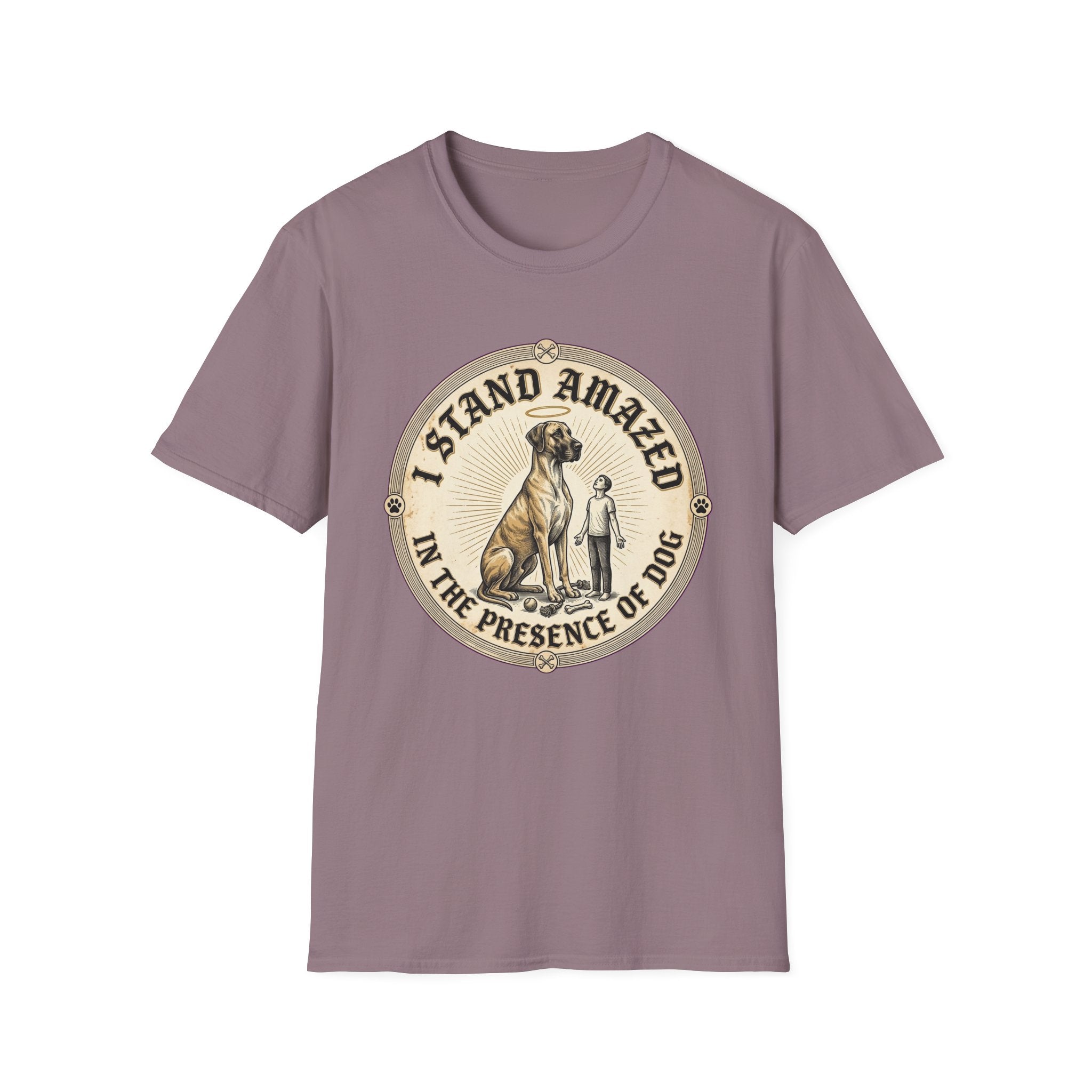 I Stand Amazed Great Dane T-Shirt flat lay in dusty mauve purple, featuring a circular vintage-style graphic of a towering Great Dane with a halo and a small human figure, with text "I Stand Amazed in the Presence of Dog."