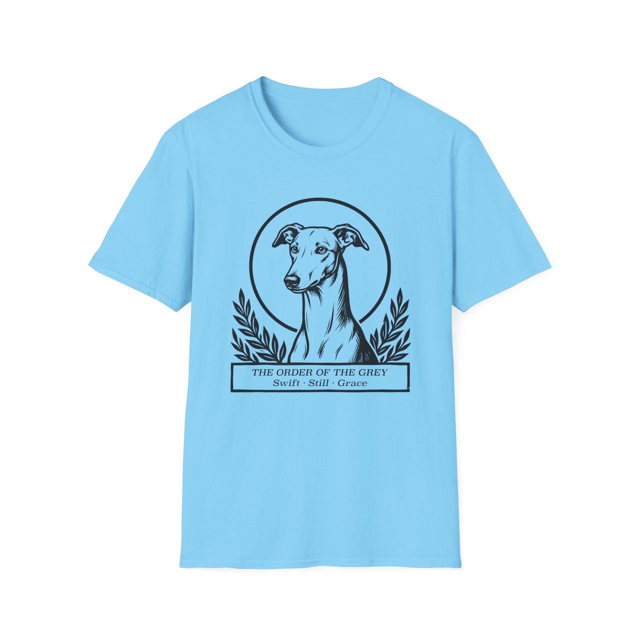 Holy Orders | Greyhound T-Shirt flat lay on navy shirt featuring a stained glass style illustration of a Greyhound depicted as a holy figure with a golden halo and the text 'Holy Orders.'