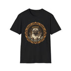 Let Go Let Dog Pug T-Shirt flat lay on black, featuring an ornate gold-framed medallion with a halo-wearing pug raising its paws and the text 'Let Go and Let Dog'.