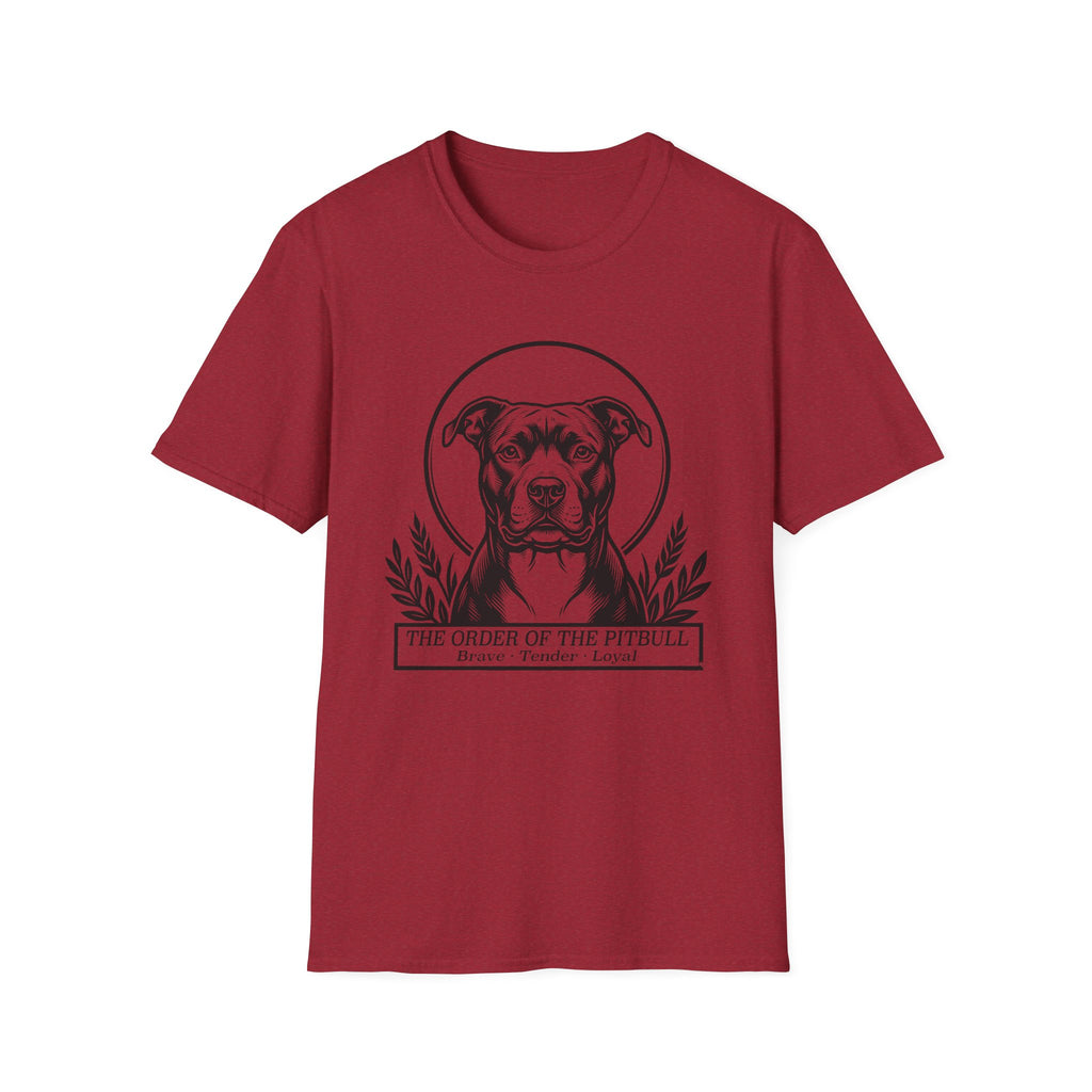 Holy Orders | Pitbull T-Shirt flat lay on black shirt featuring a stained glass style illustration of a Pitbull depicted as a holy figure with a golden halo and the text 'Holy Orders.'