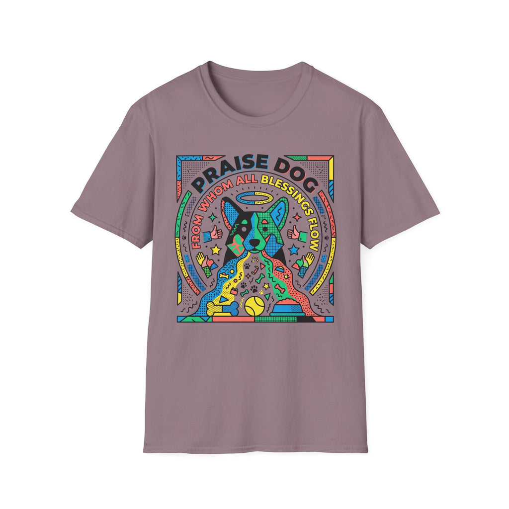 Praise Dog From Whom All Blessings Flow Geometric T-Shirt flat lay in dusty mauve, featuring a bold pop-art style graphic of a colorful geometric dog with a halo, surrounded by stars, thumbs up, and dog toy icons in vivid primary colors.