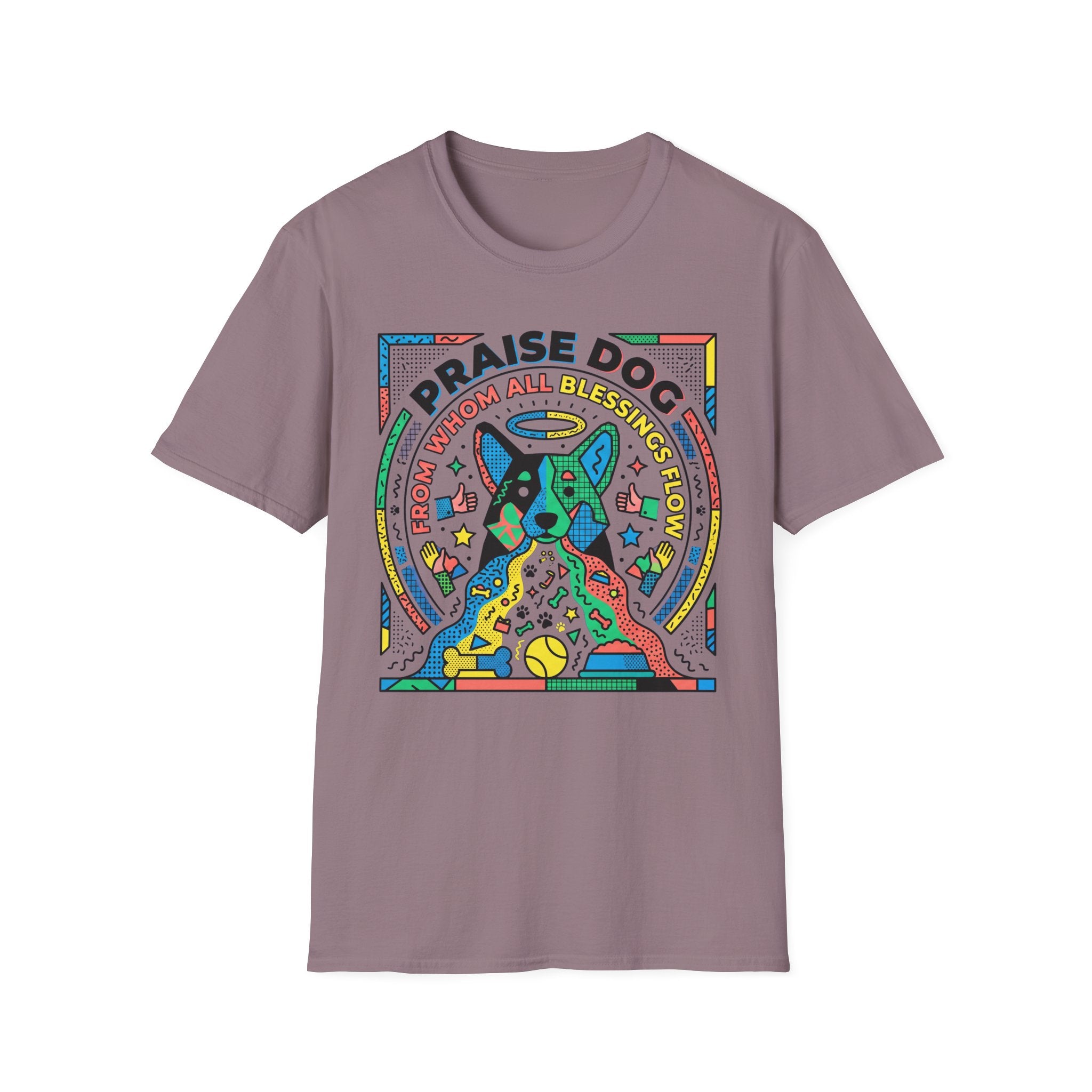 Praise Dog From Whom All Blessings Flow Geometric T-Shirt flat lay in dusty mauve, featuring a bold pop-art style graphic of a colorful geometric dog with a halo, surrounded by stars, thumbs up, and dog toy icons in vivid primary colors.
