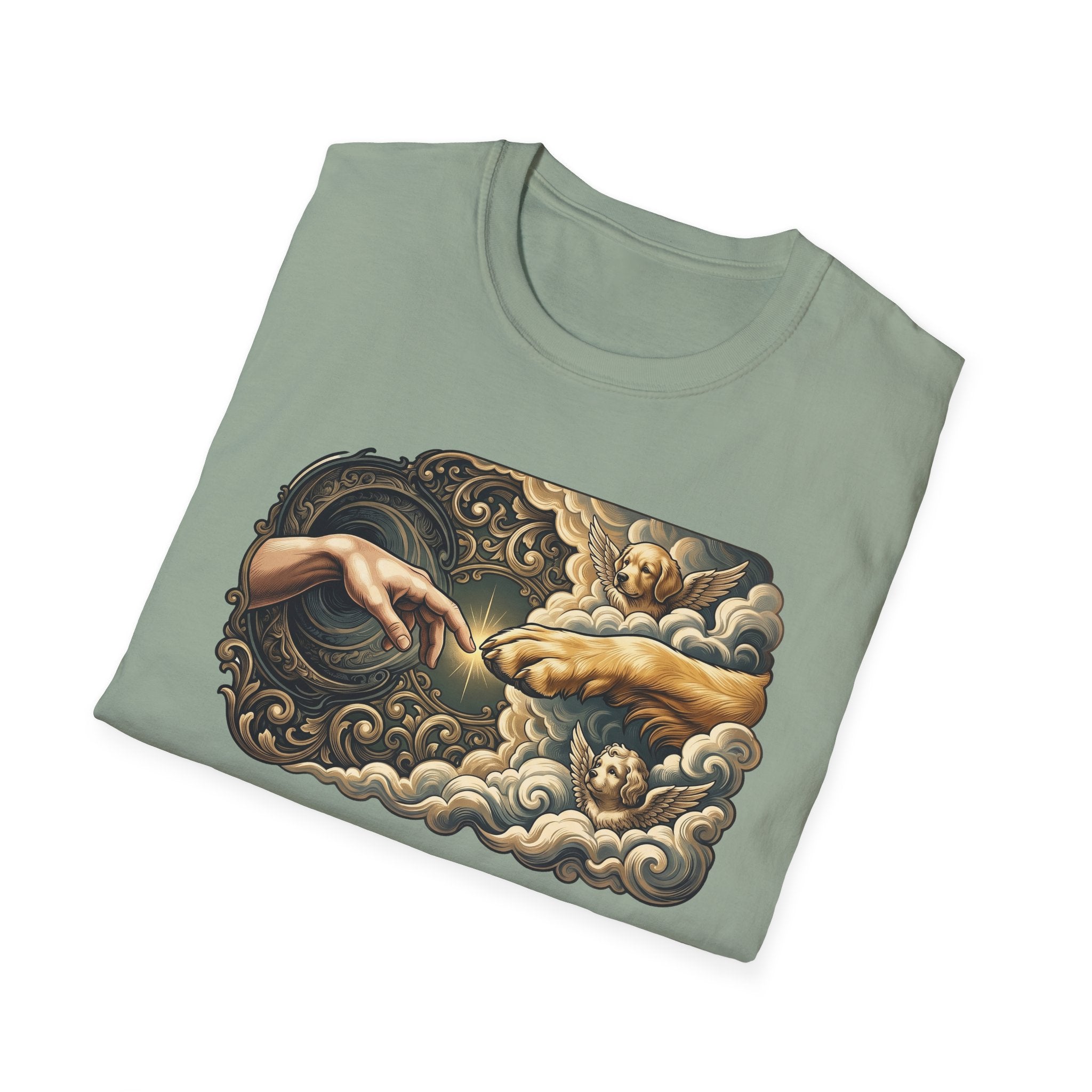 Creation of Adam T-Shirt folded flat lay in sage green, showing the full baroque-framed dog parody of Michelangelo's Creation of Adam with a dog's paw meeting a human hand.