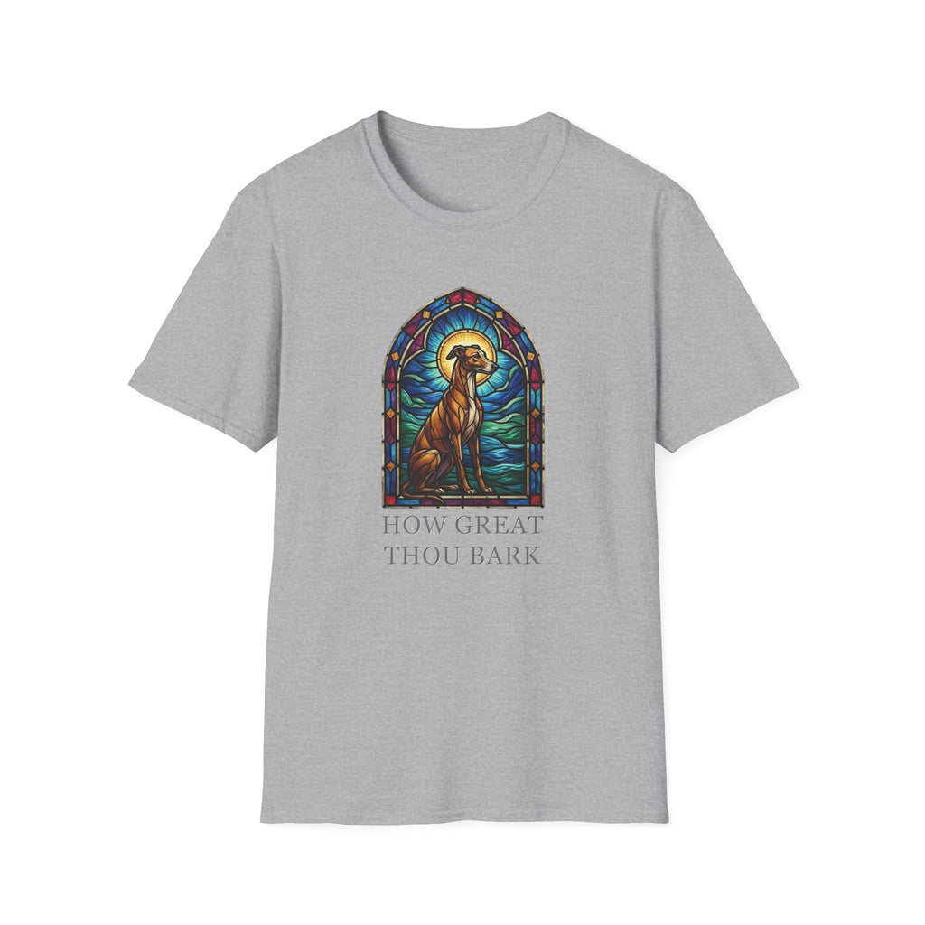 How Great Thou Bark Sight Hound T-shirt flat lay, sport grey shirt featuring a stained-glass style arched window graphic of a seated sight hound dog with a halo and the text 'How Great Thou Bark.'