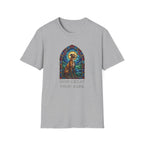 How Great Thou Bark Sight Hound T-shirt flat lay, sport grey shirt featuring a stained-glass style arched window graphic of a seated sight hound dog with a halo and the text 'How Great Thou Bark.'