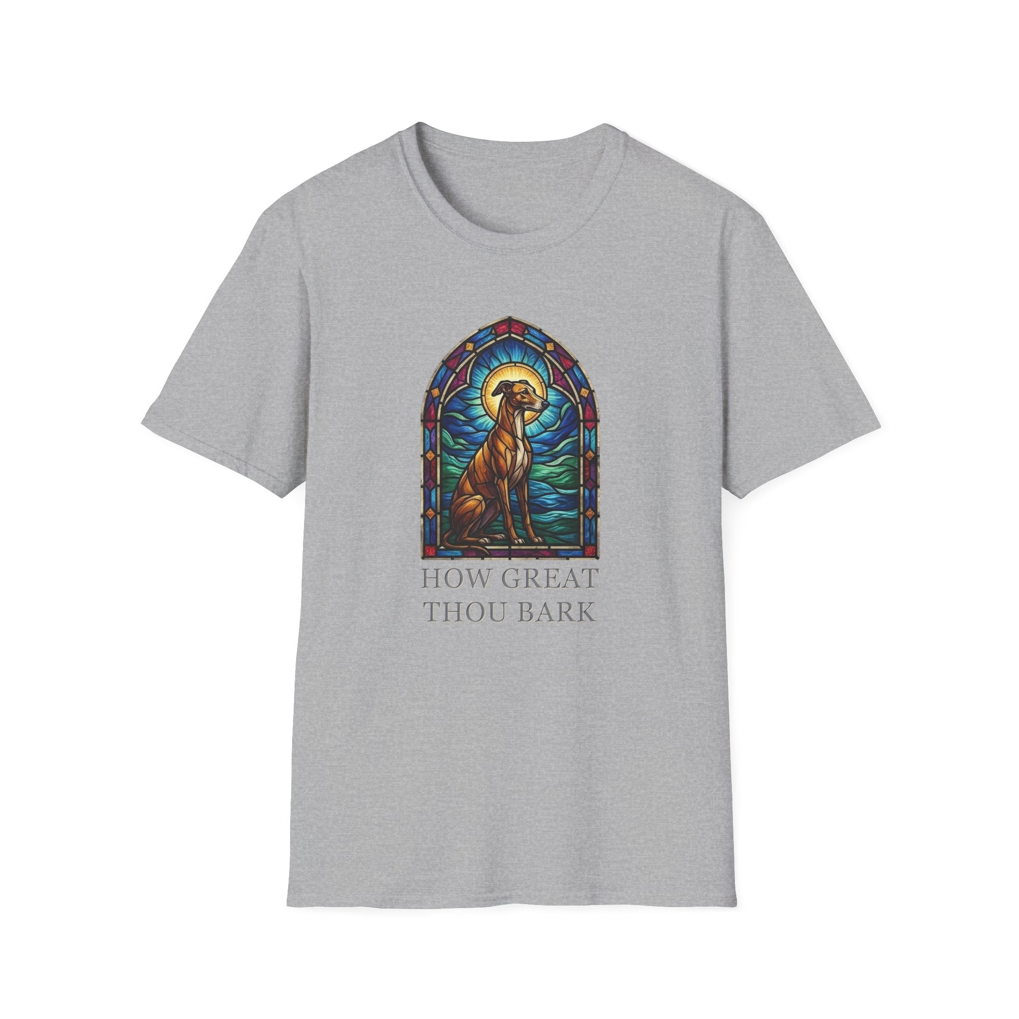 How Great Thou Bark Sight Hound T-shirt flat lay, sport grey shirt featuring a stained-glass style arched window graphic of a seated sight hound dog with a halo and the text 'How Great Thou Bark.'